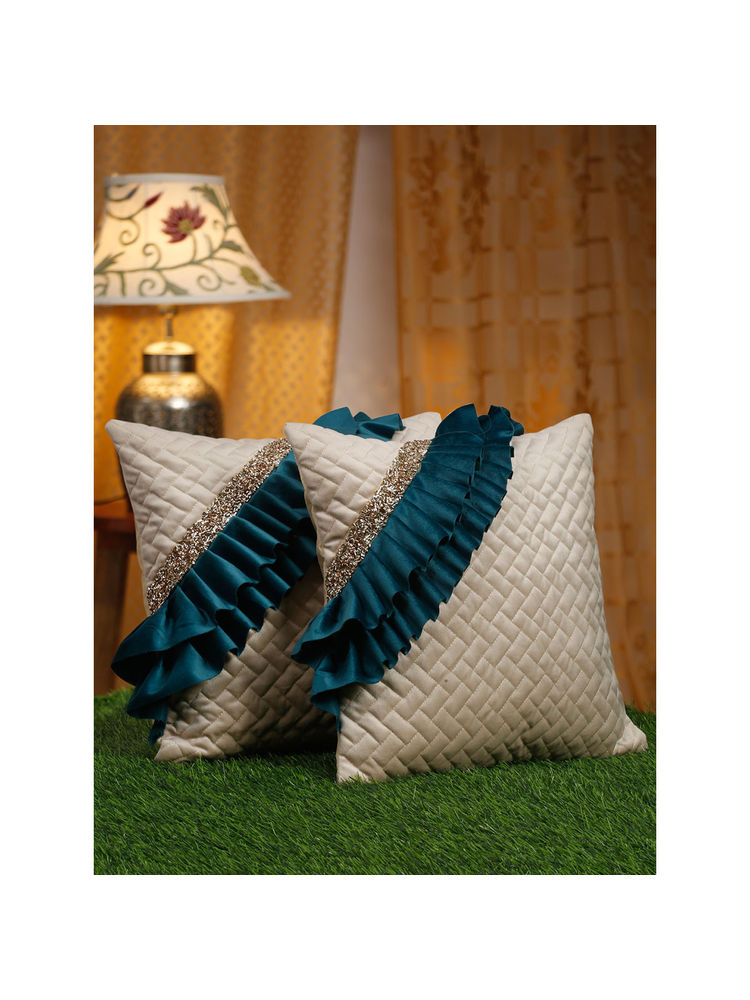 HOSTA HOMES Off White & Green 2 Pieces Geometric & Embellished Square Cushion Covers 16x16 inches