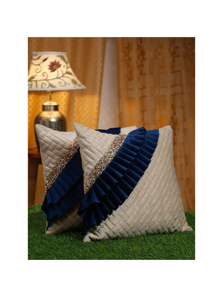 HOSTA HOMES Off White & Navy Blue 2 Pieces Geometric Square Cushion Covers 16x16 inches-picture-24