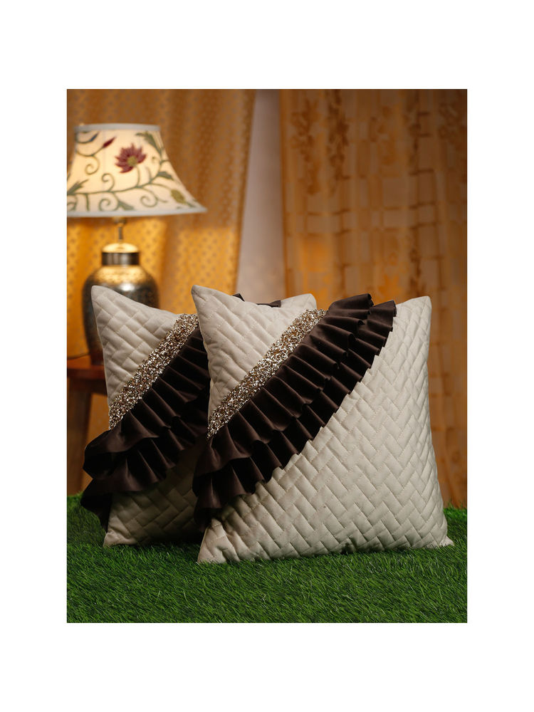 HOSTA HOMES Off White & Brown 2 Pieces Geometric & Embellished Square Cushion Covers 16x16 inches-image-6