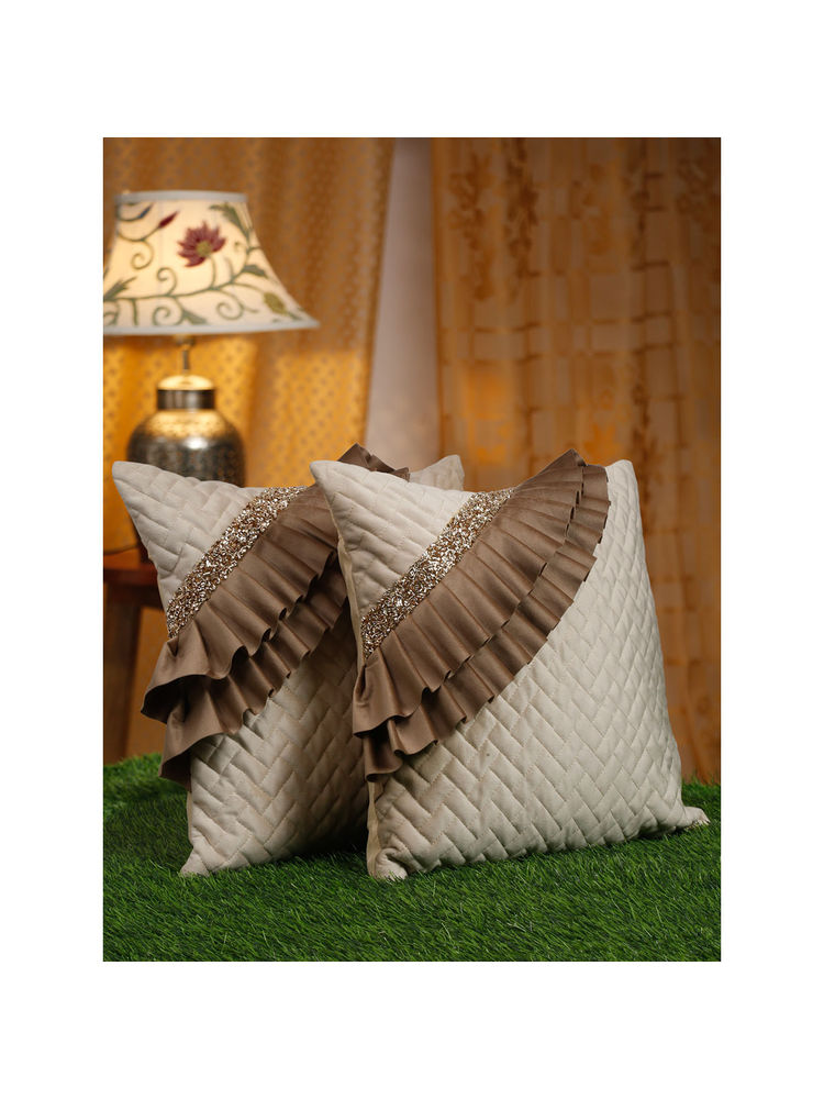 HOSTA HOMES Off White Coloured & Nude 2 Pieces Geometric Square Cushion Covers 16x16 inches-image-43