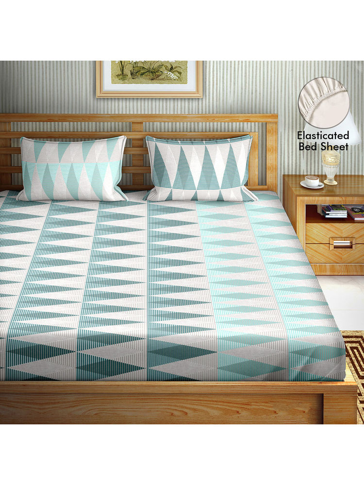 Bella Casa Double Fitted Bedsheet Set 100% Cotton with 2 Pillow Cover Geometric Design Grey Color (Queen)-picture-22