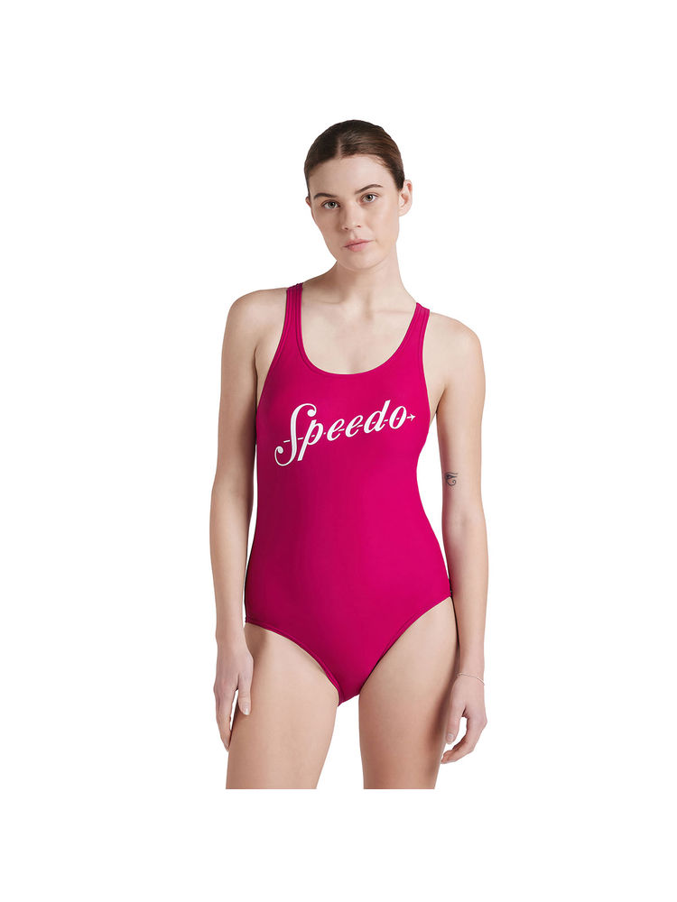 Speedo Women's Endura Brite Fabric Heritage Logo Racerback One Piece Swimwear - Berry & White-picture-12