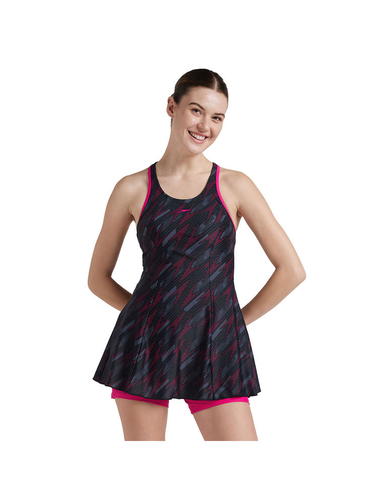 Speedo Women's Endurance10 Hyperboom Printed Racerback Swimdress With Boyleg - Black & Pink-picture-26