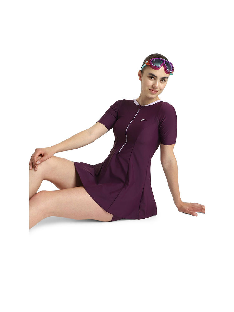 Speedo Women's Enduraflex Closedback Sleeved Swimdress With Boyleg - Plum Dandy & Lilac Breeze
