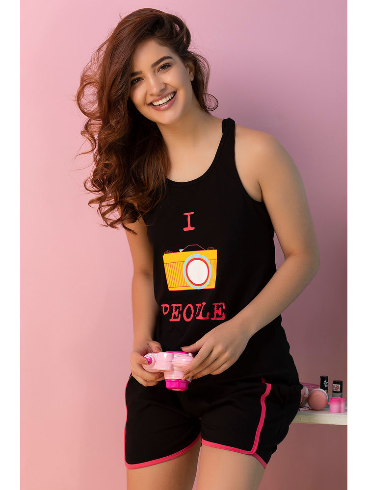 Clovia Cotton Rich Chest Print Top & Shorts Set - Black