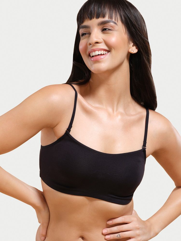 Enamor A022 Basic Cotton Cami With Detachable Straps Bra Non-Padded Wirefree High Coverage-Black-image-5