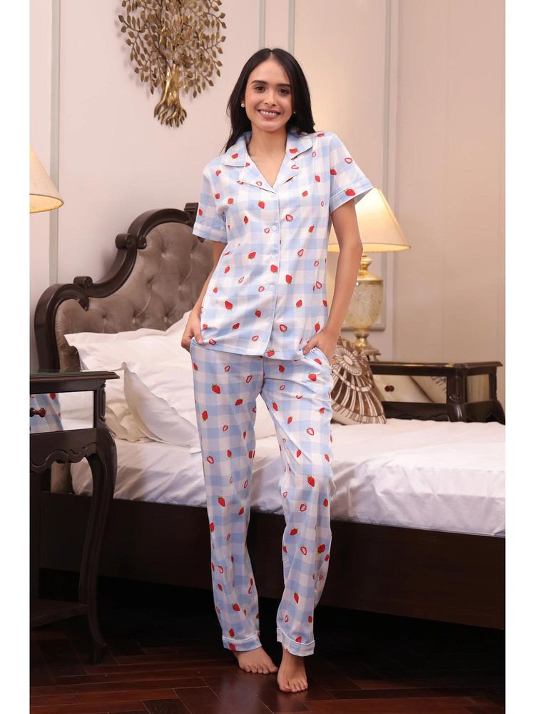 NAP STORY Strawberry Checks Half Sleeve Shirt and Pyjama Blue-picture-38