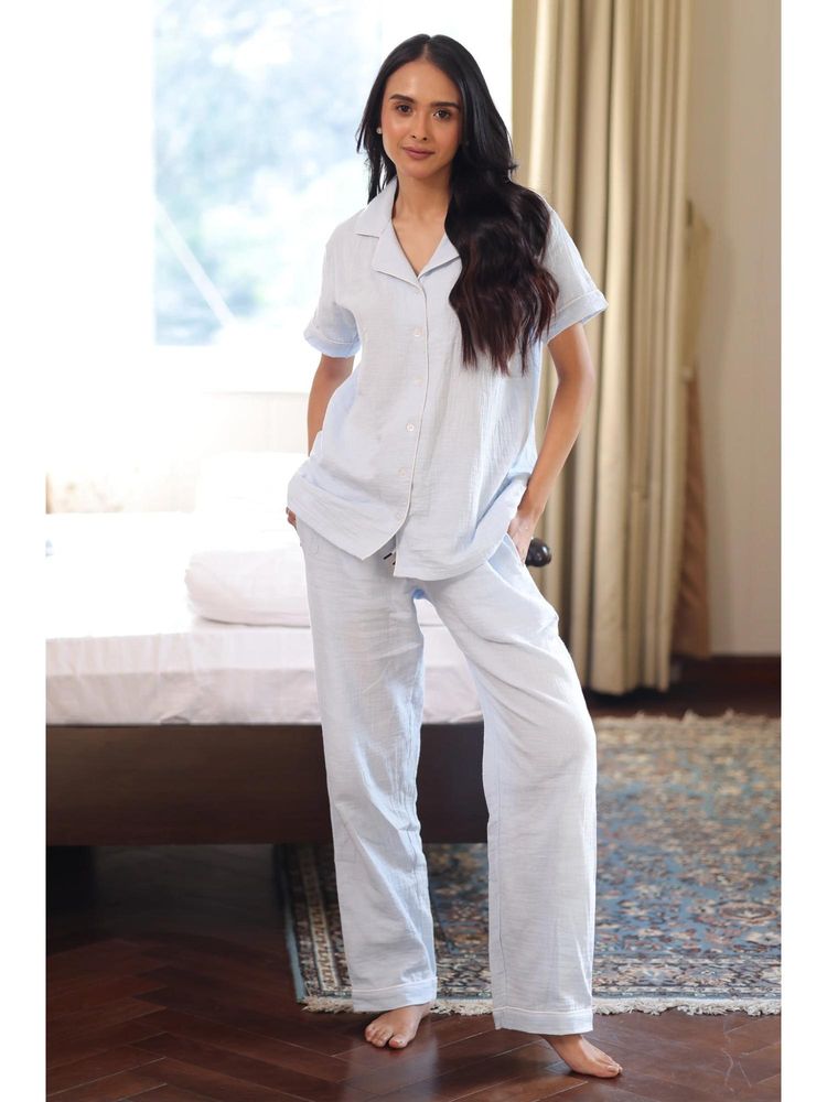 NAP STORY Sky Blue Muslin Half Sleeve Shirt and Pyjama-picture-15