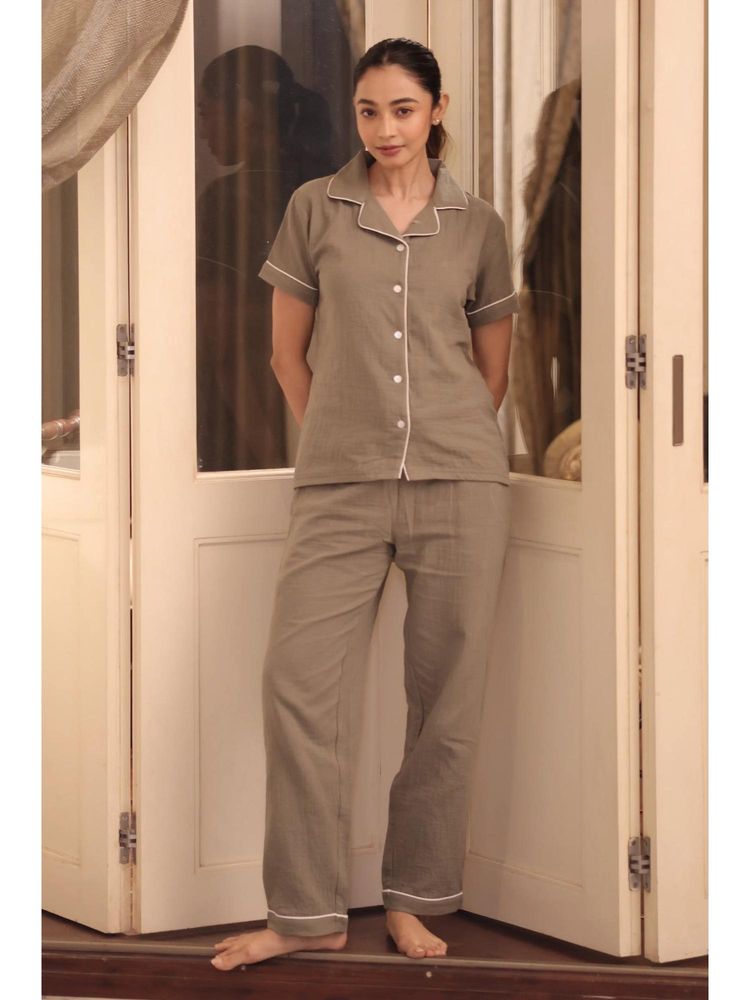 NAP STORY Olive Green Muslin Half Sleeve Shirt and Pyjama-picture-33