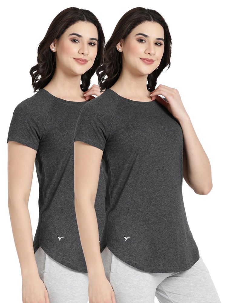BLOSSOM Womens Stretchable Cotton T-Shirt Charcoal (Pack of 2)-image-5