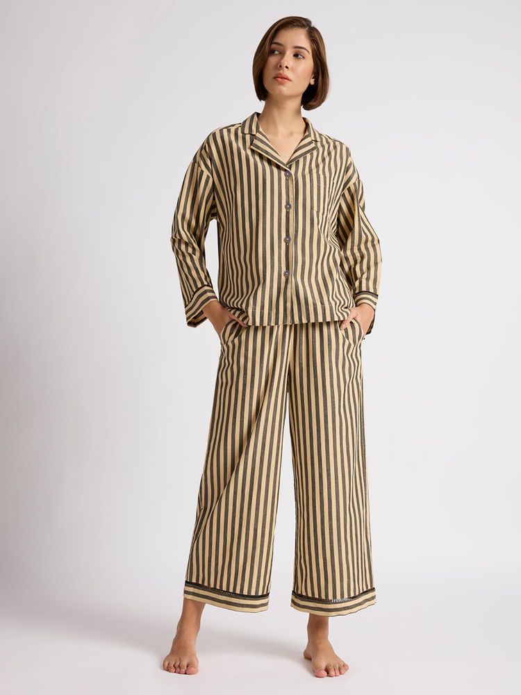 Chemistry Cotton Striped Lace Insert Nightsuit Beige-image-6