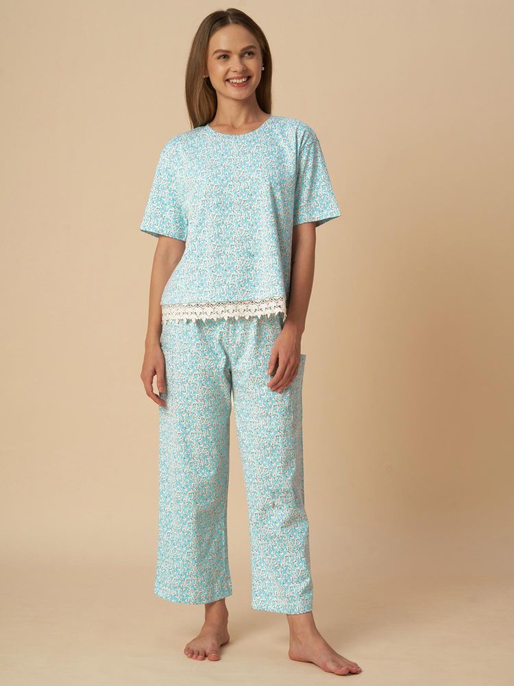 Chemistry Floral Jersey Lace Trimmed Nightsuit Blue-picture-18