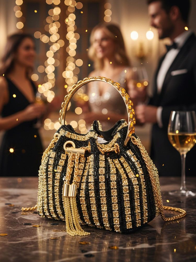 Sassora Synthetic Leather With Embellished Potli Bag with Detachable Chain -Black (Small)