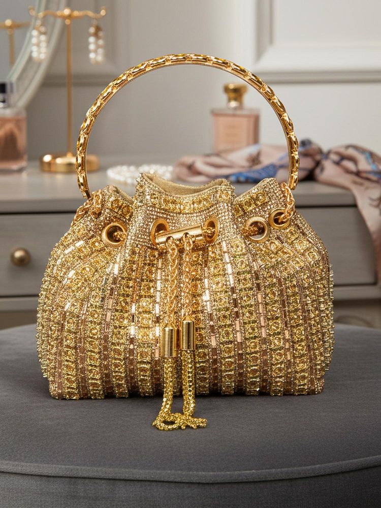 Sassora Synthetic Leather With Embellished Potli Bag with Detachable Chain-Gold (Small)-picture-24