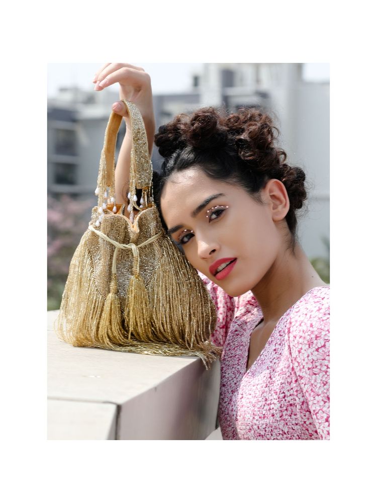 Odette Stunning Gold fringes beaded Potli bag for women