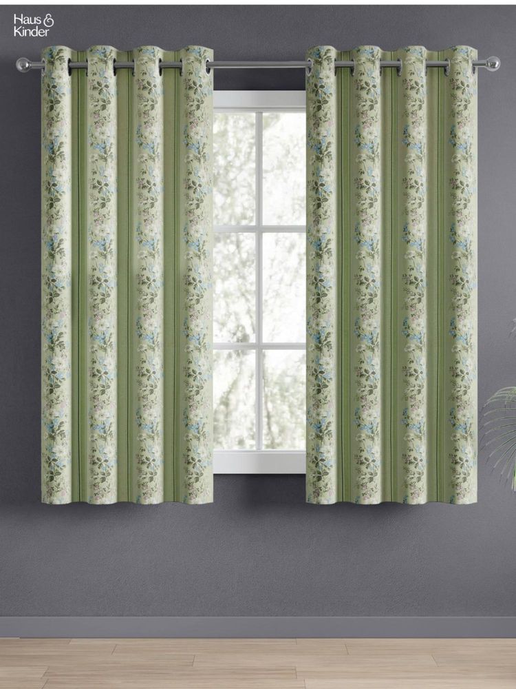 Haus & Kinder 100% Cotton Printed Curtains Vintage Posy, Eyelets, Sage Green (Pack of 2)-picture-44