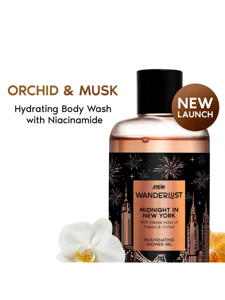 Wanderlust Midnight in New York Hydrating Body Wash Niacinamide Vit E Musk Orchid Caramel Lily-image-3