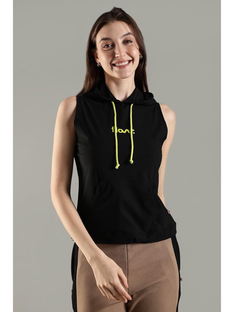 DOMIN8 Women's Sleeveless Hoodie with Kangaroo Pocket and Neon Drawstring-Black-picture-19