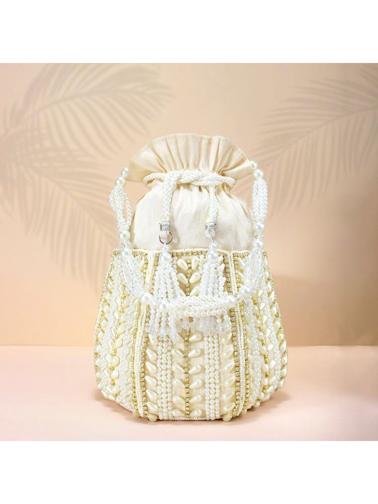 Peora Potli Bags Evening Bags Ethnic Bride Purse with Drawstring White - P47W-image-46