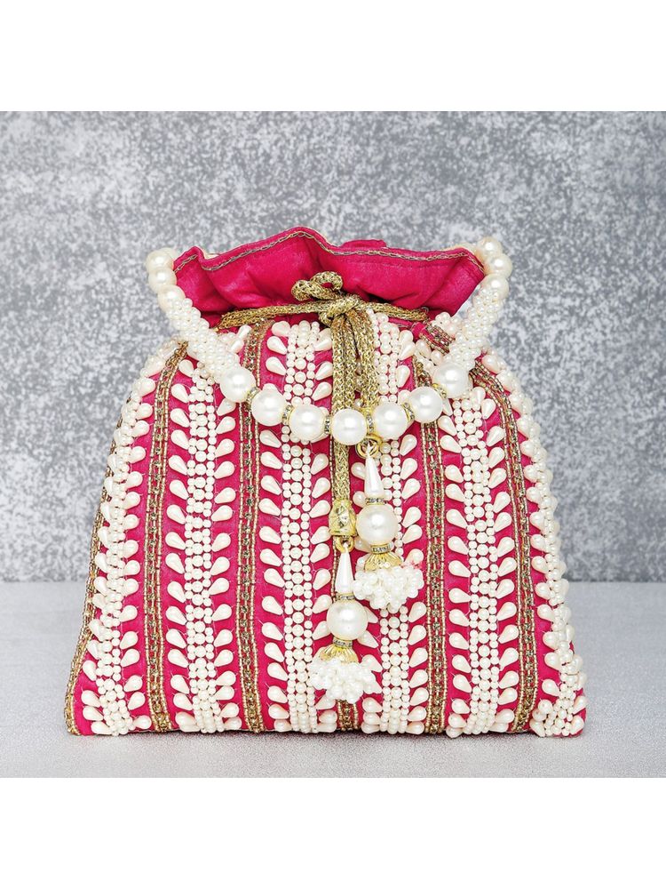 Peora Rani Gold Potli Bags Evening Bags Ethnic Bride Purse with Drawstring Pink - P82RP-image-1