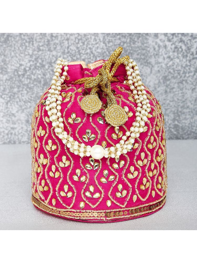 Peora Rani Gold Potli Bags Evening Bags Ethnic Bride Purse with Drawstring Pink - P88RP-picture-41