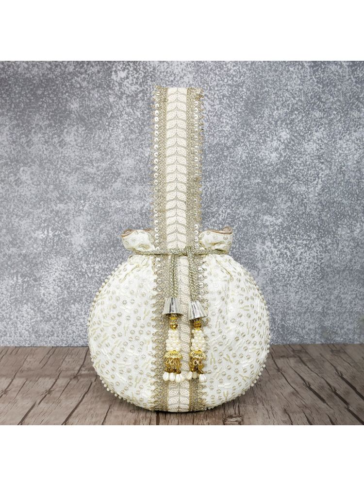 Peora Gold Potli Bags Evening Bags Ethnic Bride Purse with Drawstring White - P93W-image-47