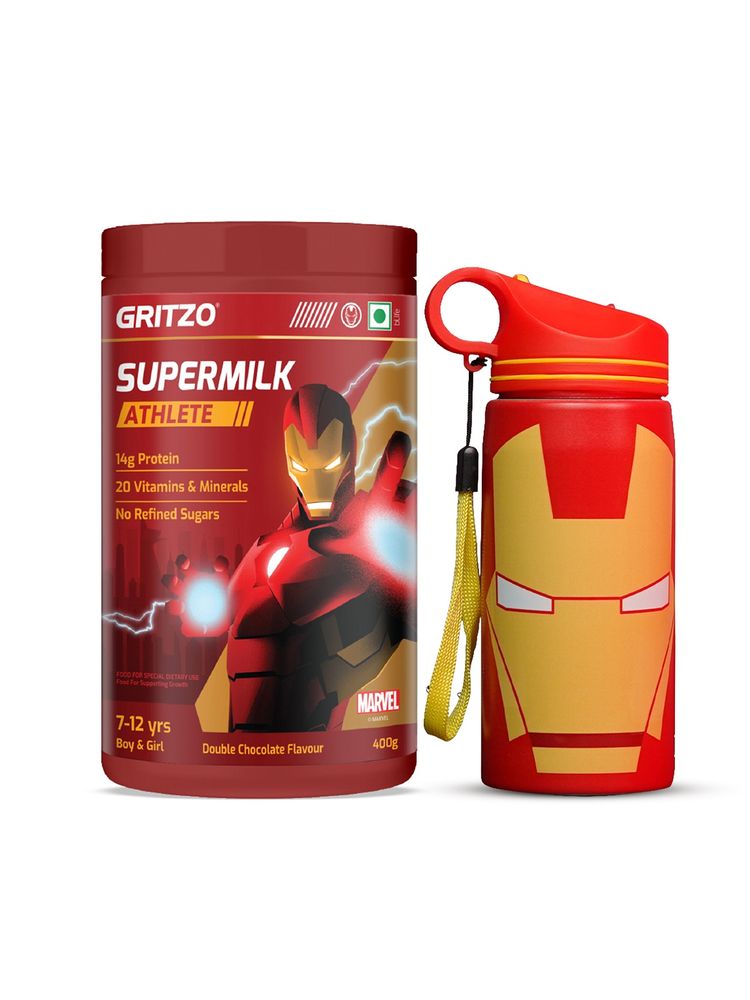 Gritzo Supermilk Iron Man Athlete 14G Protein For 7-12Y With Red Sipper Bottle
