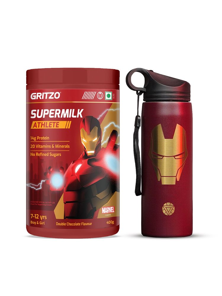 Gritzo Supermilk Iron Man Athlete 14G Protein For 7-12Y With Maroon Sipper Bottle