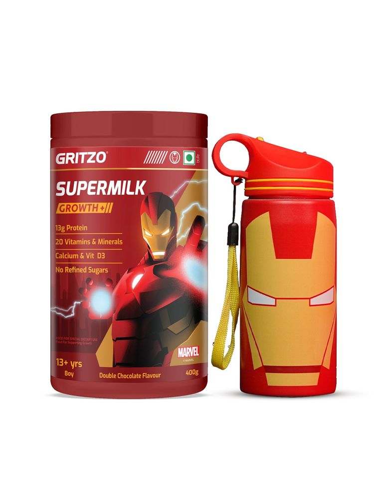 Gritzo Supermilk Iron Man Growth+ 13G Protein For 13+Y Boy With Red Sipper