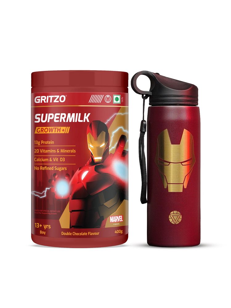 Gritzo Supermilk Iron Man Growth+ 13G Protein For 13+Y Boy With Maroon Sipper