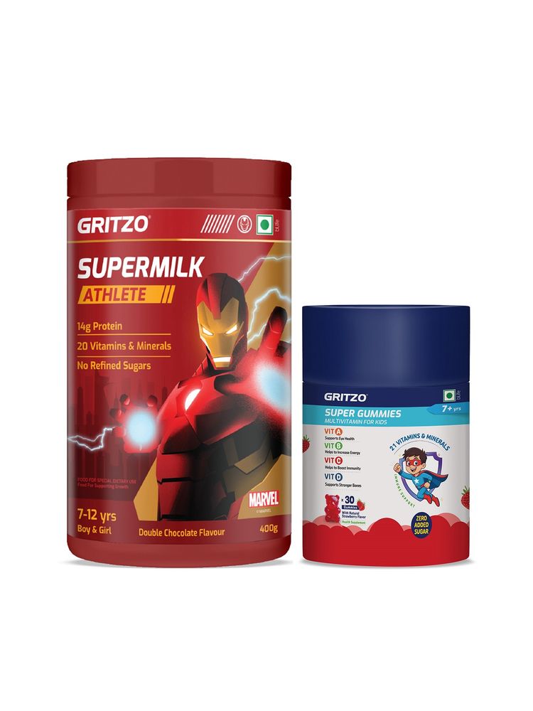 Gritzo Supermilk Athlete 14G Protein Iron Man For 7-12Y With Super Gummies - Pack Of 2