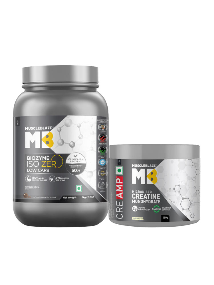 MuscleBlaze Biozyme Iso-Zero (Ice Cream Chocolate,1 kg) & Creatine Monohydrate CreAMP 100gm Combo
