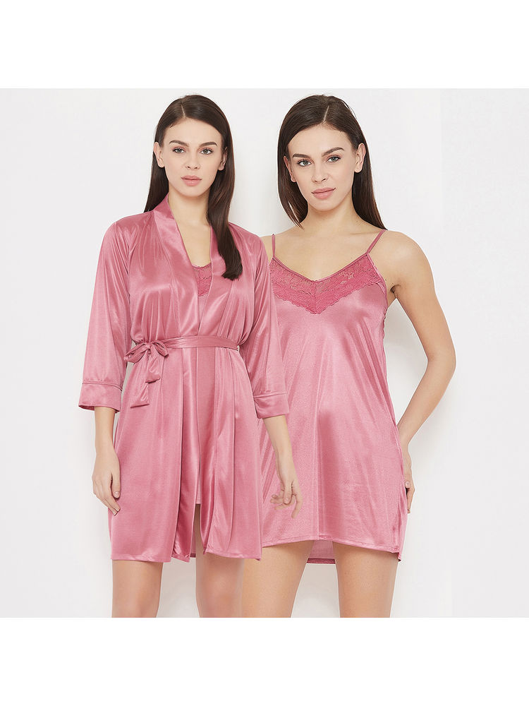 Clovia Short Bridal Night Dress With Robe - Satin & Lace - Pink