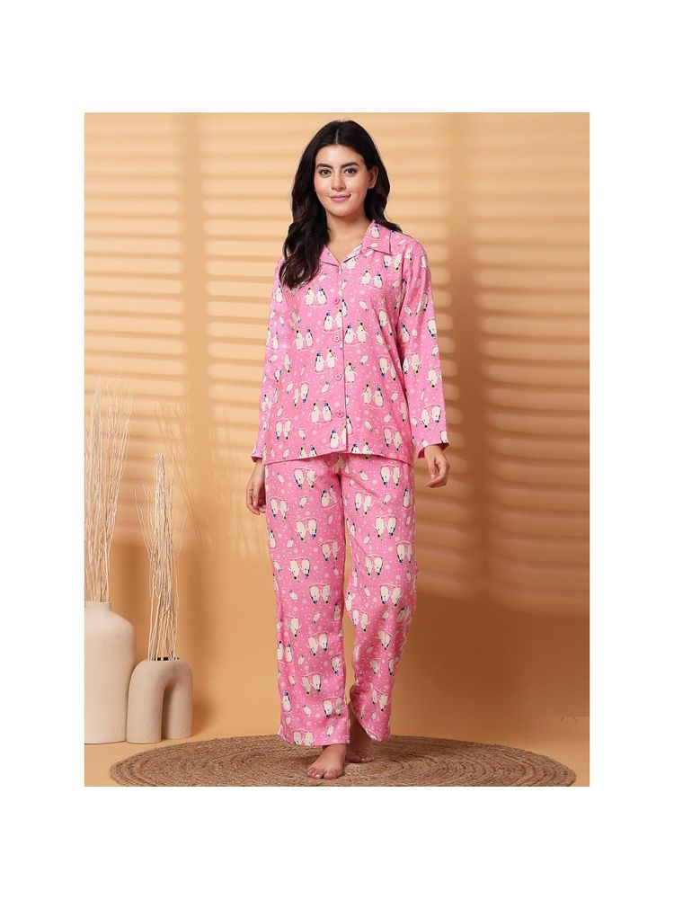 Secret Wish Pink Printed Flannel Night Suit (Set of 2)-image-36