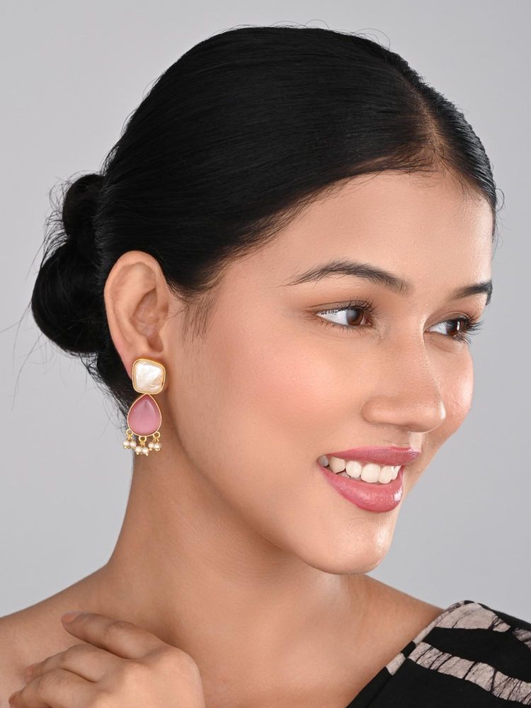 Anvik Women Gold-Plated Monalisa Pink Stone Pearl Drop Earrings-picture-43