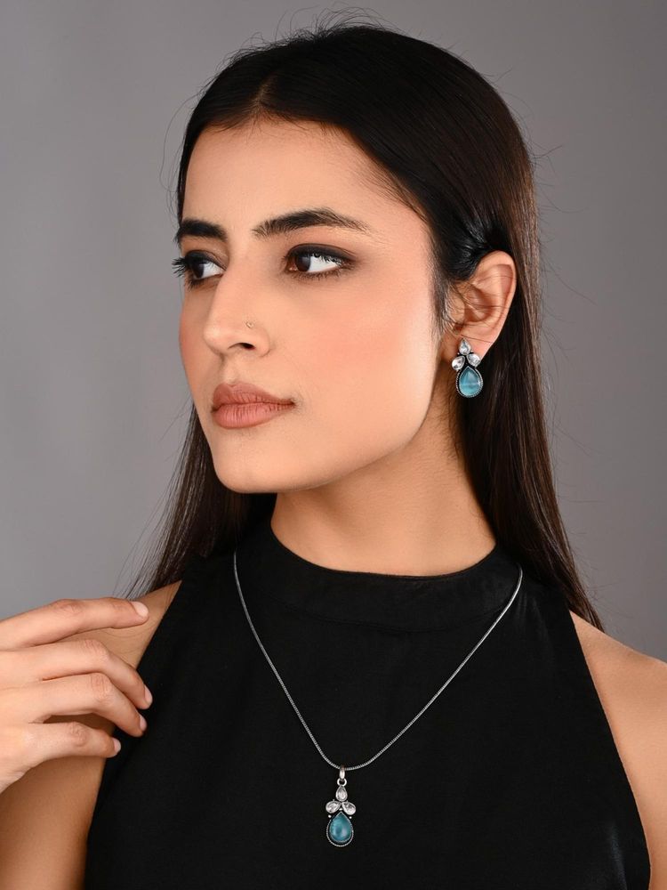 Anvik Women Silver Oxidised Delicate Ad Blue Stone Necklace Set-image-13