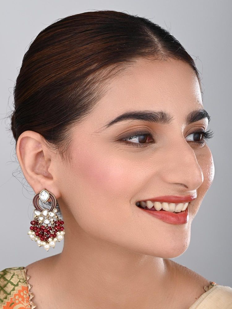 Anvik Women Gold-Plated Maroon Kundan and Pearl Cluster Drop Earrings-image-26
