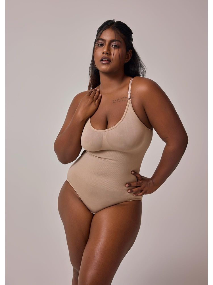 INVOGUE Beige Nylon Solid Shapewear Bodysuit-image-18