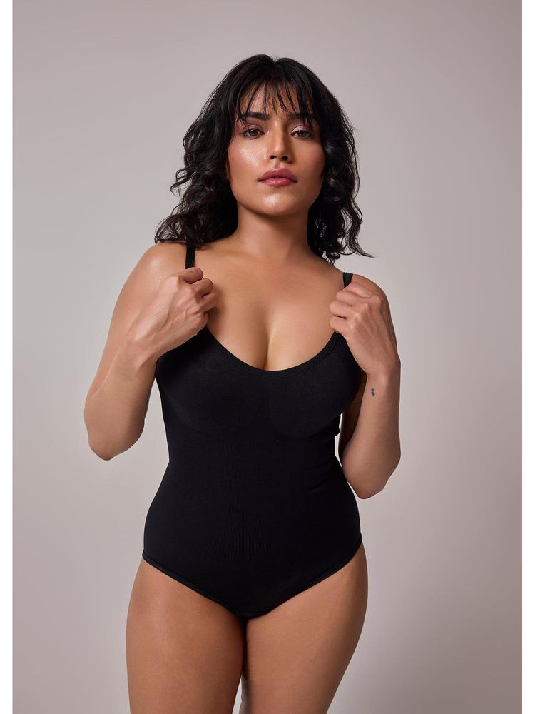 INVOGUE Black Nylon Solid Shapewear Bodysuit-image-11
