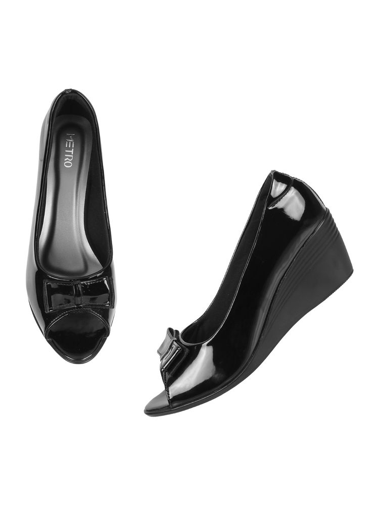 Metro Womens Black Peep Toes WedgesMetro Black Pat Synthetic Solid Wedges-picture-11