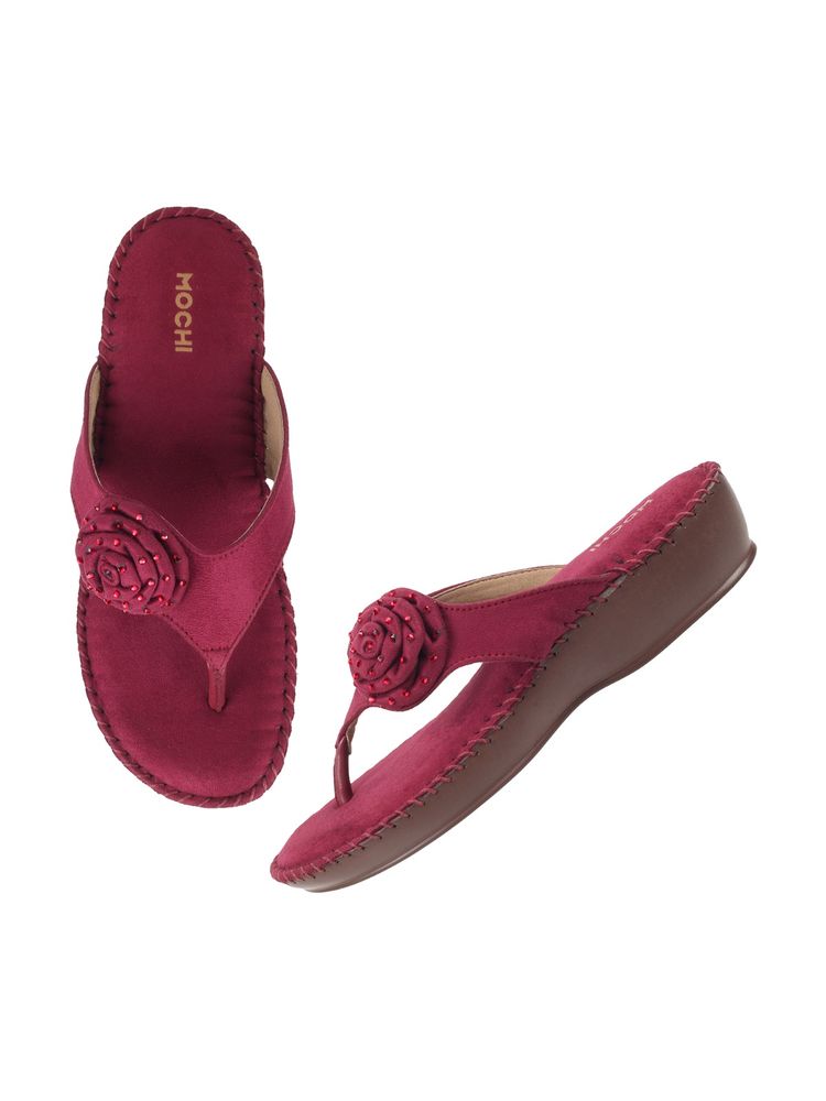 Mochi Womens Maroon Flat ChappalsMochi Maroon Synthetic Embellished Sandals-image-6