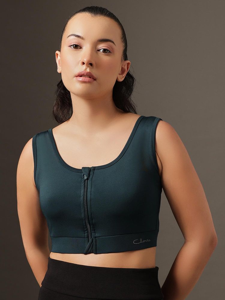Clovia Medium Impact Sports Bra With Front Zipper Teal-picture-10