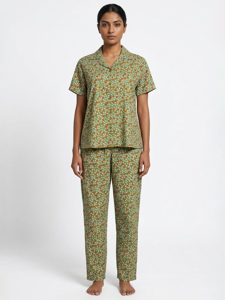 Clovia Rayon Heart Print Button-Down Shirt And Pyjama Green-picture-22