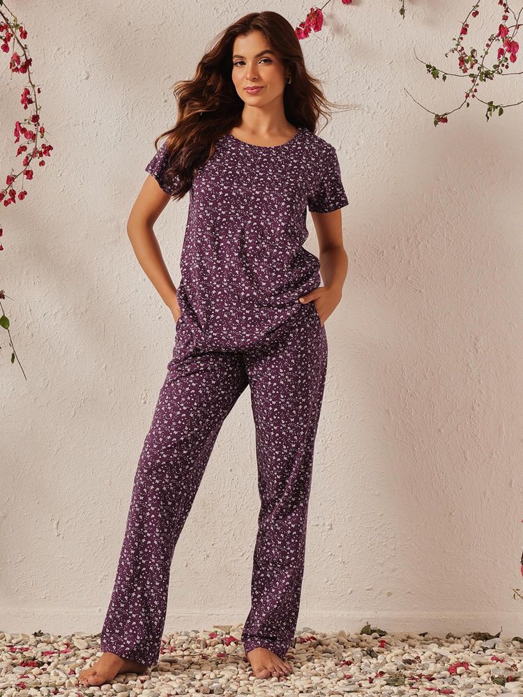 Clovia Cotton Floral Print T-Shirt And Pyjama Purple-picture-24