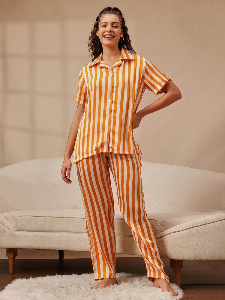 Clovia Satin Striped Button-Down Shirt And Pyjama Orange-picture-25