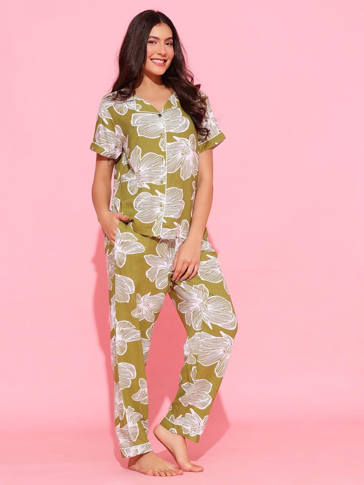 Clovia Rayon Floral Print Button-Down Shirt And Pyjama-picture-20