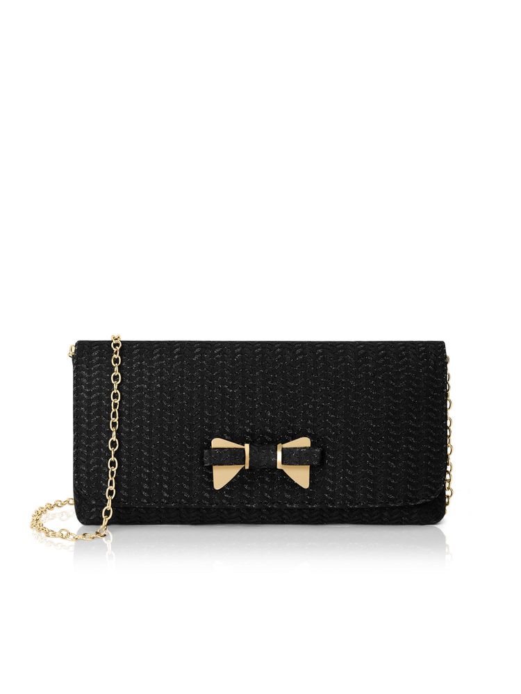 Lavie Women Black Evlin Bow Spark Envelope Clutch with Detachable Chain (M)-image-9