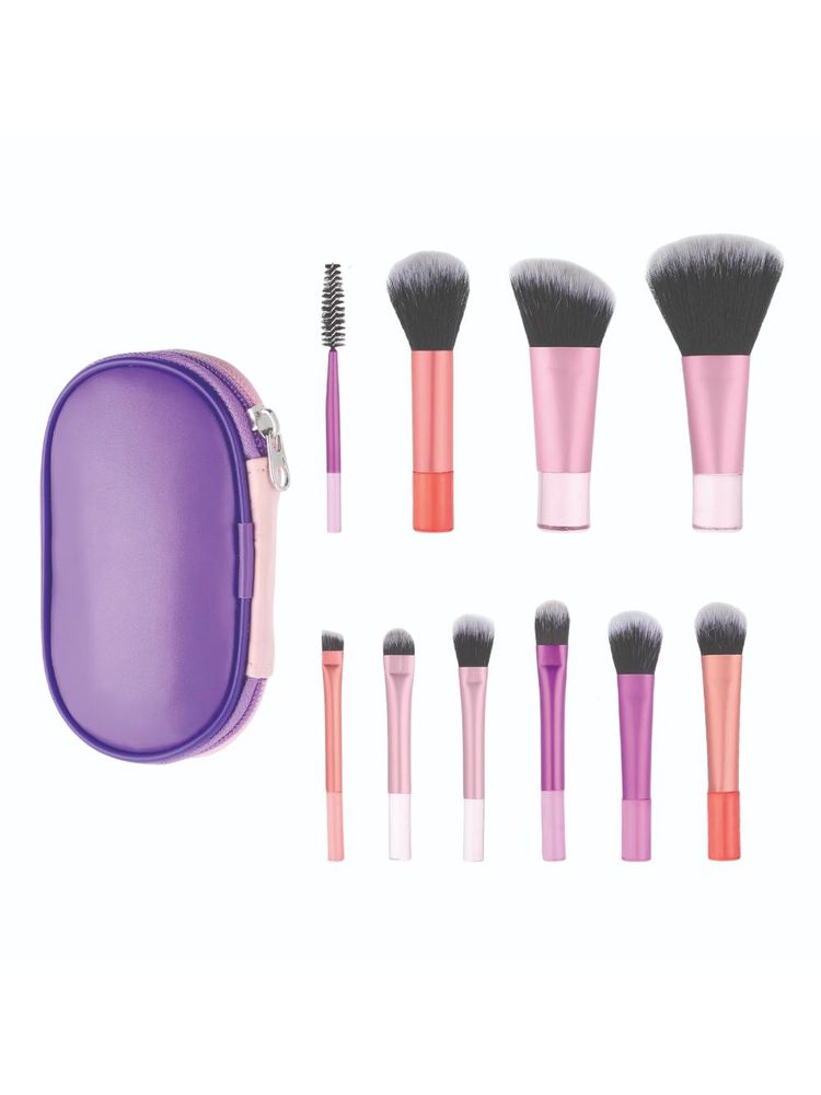 Feel Good Club Brush Brigade -10 Mini Makeup Blending Brush Set In Travel Pouch For Face Eyes & Lips