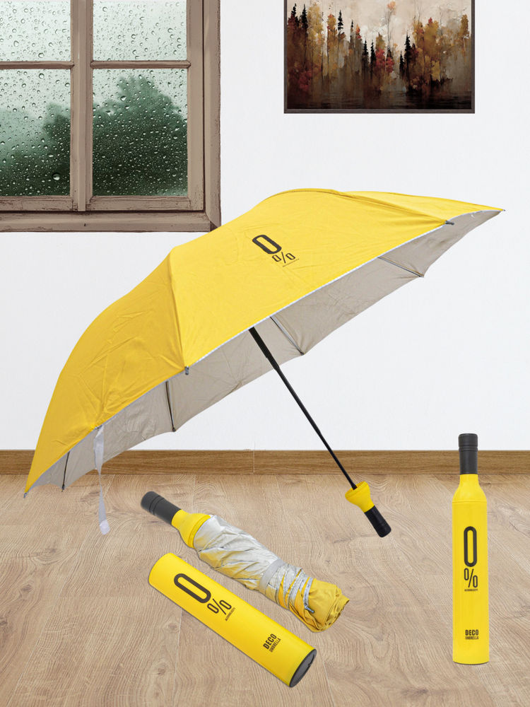 FABINALIV Yellow Solid Waterproof 3 Fold Compact Bottle Umbrella with Cover-image-0