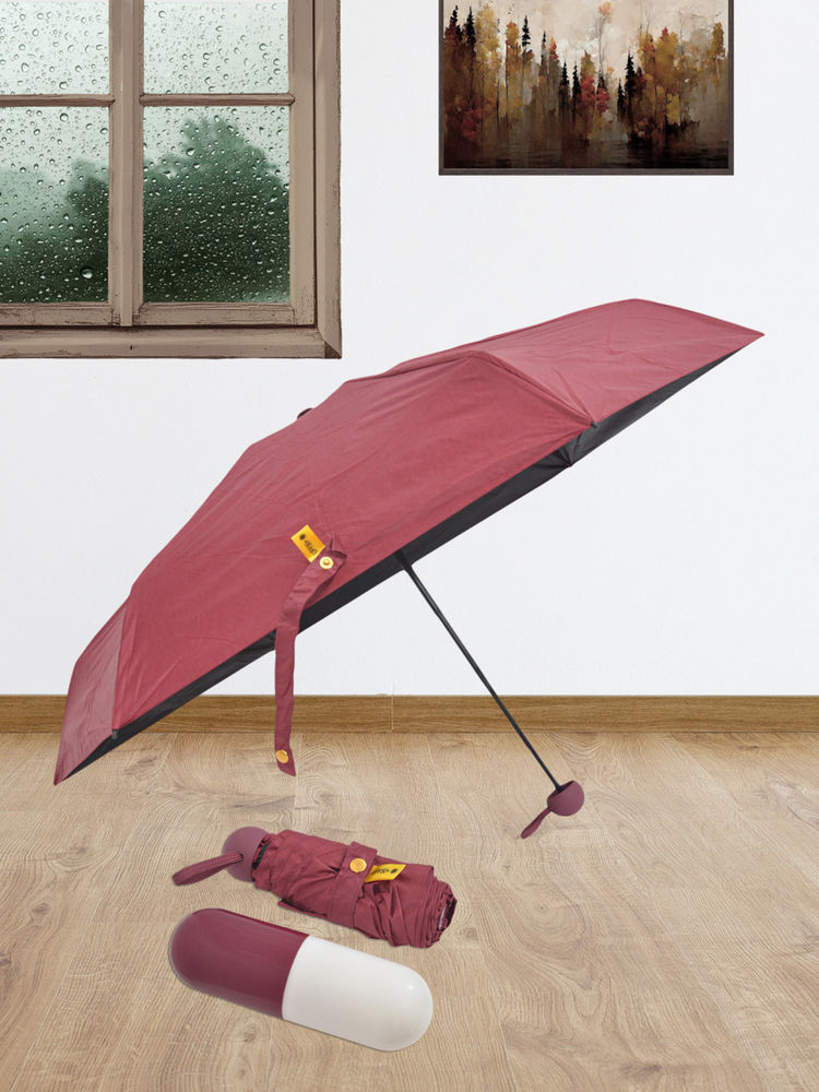 FABINALIV Maroon Solid 3 Fold Waterproof Compact Capsule Umbrella with Cover-image-4